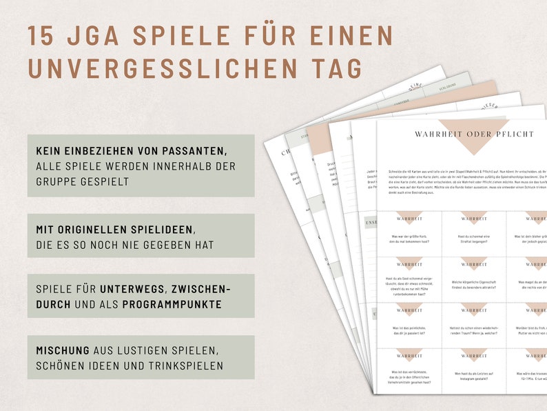 May include: A set of 15 printable game cards for a bachelorette party. The cards are white with black text and feature the phrase "Wahrheit oder Pflicht" (Truth or Dare) in German. The cards are designed to be used for a fun and memorable bachelorette party.