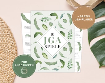 May include: Printable 10 JGA Games with a green leafy background. The text "10 JGA Spiele" is in a white diamond shape. The text "Zum Ausdrucken" is in a green circle with a printer icon. The text "+ GRATIS JGA-PLANER" is in a brown circle.