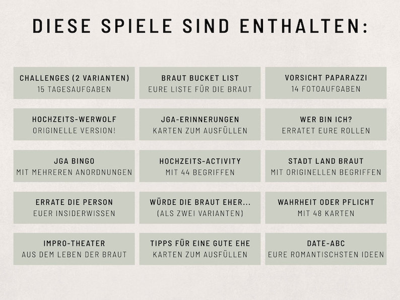 May include: A chart with a green background and white text listing different games for a bridal shower or bachelorette party. The games include "Challenges", "Braut Bucket List", "Vorsicht Paparazzi", "Hochzeits-Werwolf", "JGA-Erinnerungen", "Wer bin ich?", "JGA Bingo", "Hochzeits-Activity", "Stadt Land Braut", "Errate die Person", "Wurde die Braut eher...", "Wahrheit oder Pflicht", "Impro-Theater", "Tipps f&uuml;r eine gute Ehe", and "Date-ABC".