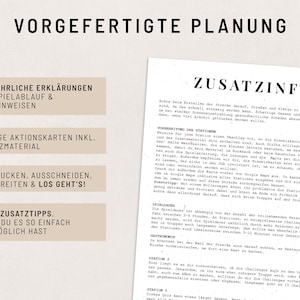 May include: A beige and brown printable planning guide for a game with the title "Vorgefertigte Planung" in black text. The guide includes instructions for setting up the game, including printing, cutting, and preparing the game pieces. The guide also includes additional information about the game, such as tips for playing and setting up the game stations.