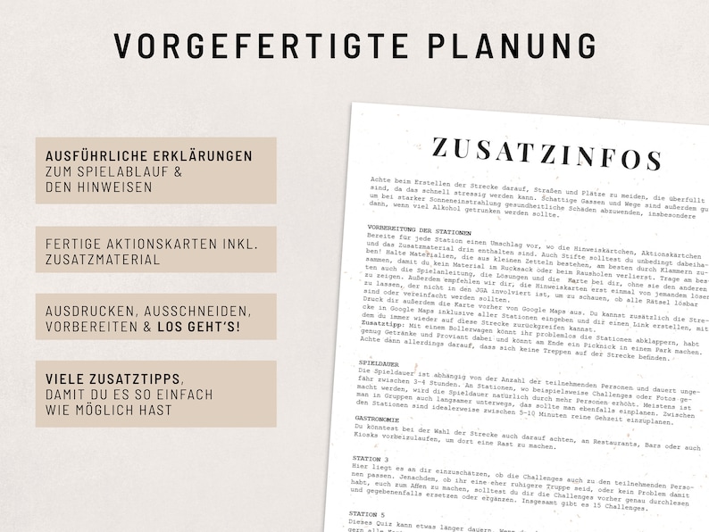 May include: A beige and brown printable planning guide for a game with the title "Vorgefertigte Planung" in black text. The guide includes instructions for setting up the game, including printing, cutting, and preparing the game pieces. The guide also includes additional information about the game, such as tips for playing and setting up the game stations.