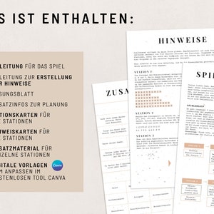 May include: A beige and brown printable game guide with the title "Das ist enthalten" (German for "This is included") and a list of game components, including instructions, game cards, and digital templates. The guide also includes the text "Canva" and "Spielanleitung" (German for "Game Instructions").