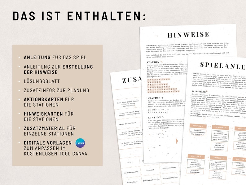 May include: A beige and brown printable game guide with the title "Das ist enthalten" (German for "This is included") and a list of game components, including instructions, game cards, and digital templates. The guide also includes the text "Canva" and "Spielanleitung" (German for "Game Instructions").