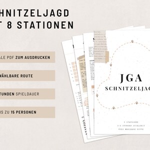 May include: A printable PDF guide for a scavenger hunt with 8 stations. The guide includes a map with a dotted line route, a wheat stalk graphic, and the text "JGA Schnitzeljagd". The text "8 Stationen 3-4 Stunden Spielzeit Frei w&auml;hlbare Route" is also included.