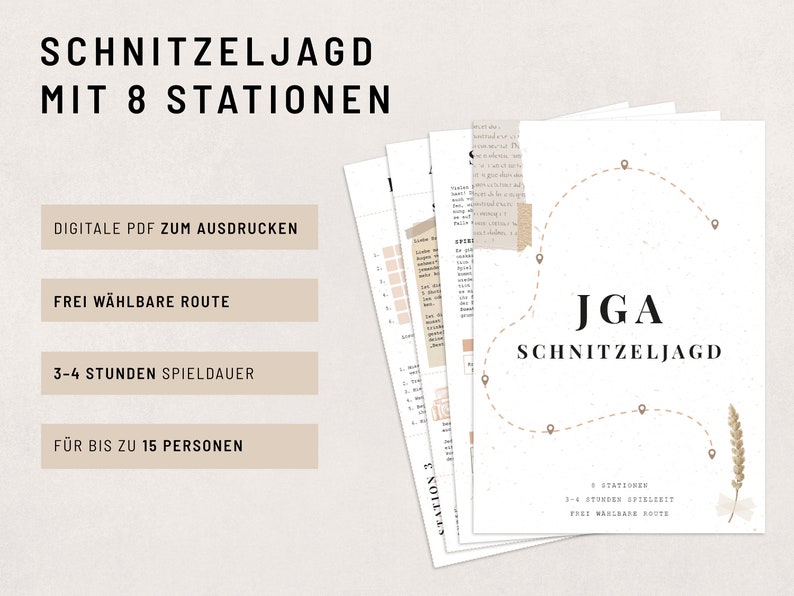 May include: A printable PDF guide for a scavenger hunt with 8 stations. The guide includes a map with a dotted line route, a wheat stalk graphic, and the text "JGA Schnitzeljagd". The text "8 Stationen 3-4 Stunden Spielzeit Frei w&auml;hlbare Route" is also included.