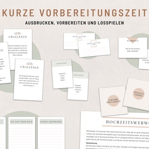 May include: A printable game set for a wedding shower or bridal party. The game cards are green and white with text in German. The cards include challenges, questions, and prompts for the guests to complete. The game is called "Hochzeitswelf" which translates to "Wedding Wolf".