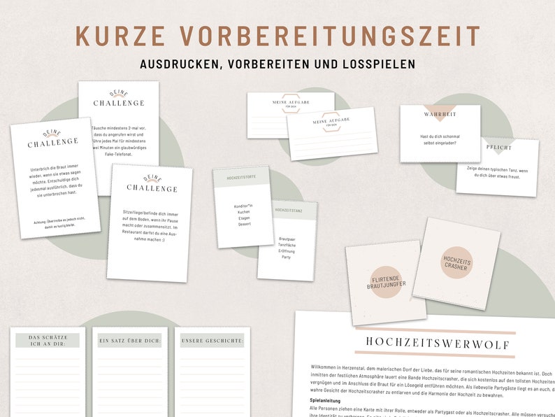May include: A printable game set for a wedding shower or bridal party. The game cards are green and white with text in German. The cards include challenges, questions, and prompts for the guests to complete. The game is called "Hochzeitswelf" which translates to "Wedding Wolf".