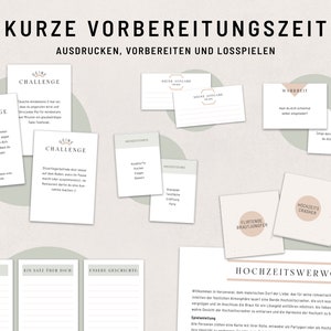 May include: A printable wedding game set with instructions and cards. The cards are green with white text and include phrases like "Hochzeitswerwolf", "Hochzeits Crasher", "Flirtender Brautjungfer", "Wahrheit", "Pflicht", and "Deine Challenge".