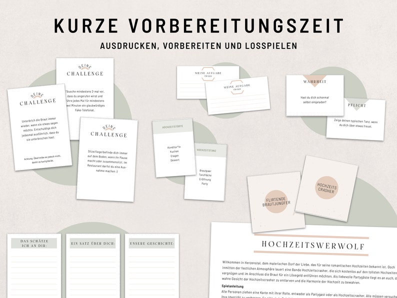 May include: A printable wedding game set with instructions and cards. The cards are green with white text and include phrases like "Hochzeitswerwolf", "Hochzeits Crasher", "Flirtender Brautjungfer", "Wahrheit", "Pflicht", and "Deine Challenge".