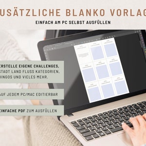 May include: A laptop screen displaying a digital template for creating challenges. The template has nine blank squares with the word "Challenge" printed in each square. The text on the screen reads "Erstelle eigene Challenges, Stadt Land Fluss Kategorien, Bingos und vieles mehr."  "Auf jedem PC/Mac editierbar" and "Einfache PDF zum Ausf&uuml;llen".