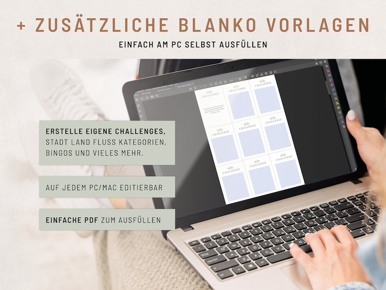 May include: A laptop screen displaying a digital template for creating challenges. The template has nine blank squares with the word "Challenge" printed in each square. The text on the screen reads "Erstelle eigene Challenges, Stadt Land Fluss Kategorien, Bingos und vieles mehr."  "Auf jedem PC/Mac editierbar" and "Einfache PDF zum Ausf&uuml;llen".