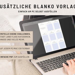 May include: A laptop screen displaying a digital template for creating challenges. The template has nine blank squares with the word "Challenge" written in each square. The text on the screen reads "Erstelle eigene Challenges, Stadt Land Fluss Kategorien, Bingos und vieles mehr."  "Auf jedem PC/Mac editierbar" and "Einfache PDF zum Ausf&uuml;llen".