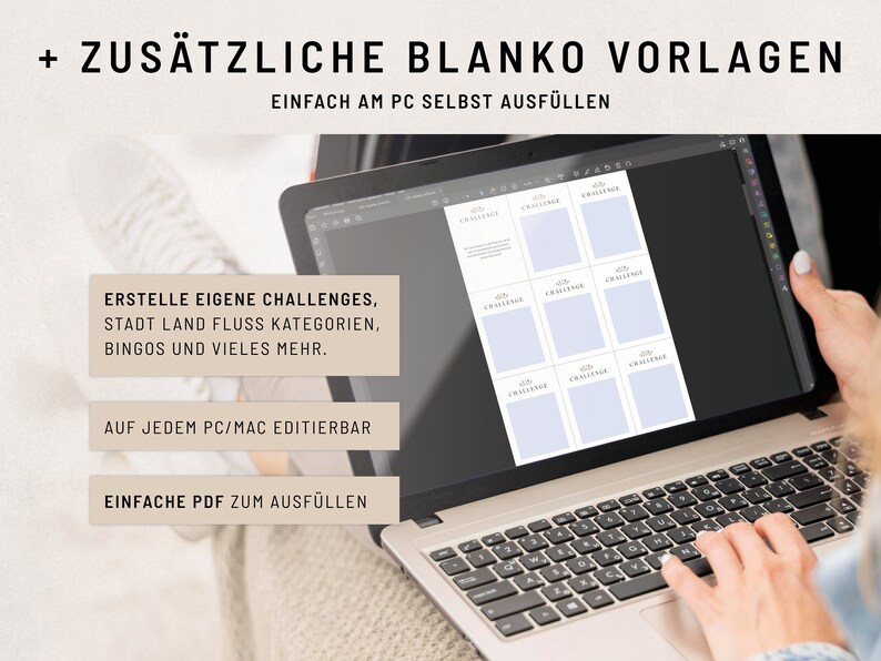 May include: A laptop screen displaying a digital template for creating challenges. The template has nine blank squares with the word "Challenge" written in each square. The text on the screen reads "Erstelle eigene Challenges, Stadt Land Fluss Kategorien, Bingos und vieles mehr."  "Auf jedem PC/Mac editierbar" and "Einfache PDF zum Ausf&uuml;llen".