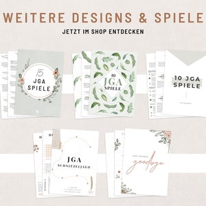 May include: A collection of printable JGA (German for "Junggesellenabschied", or bachelorette party) games. The designs feature watercolor illustrations of leaves and flowers in shades of green, pink, and white. The text on the pages includes "15 JGA Spiele", "10 JGA Spiele", and "JGA Schnitzeljagd".