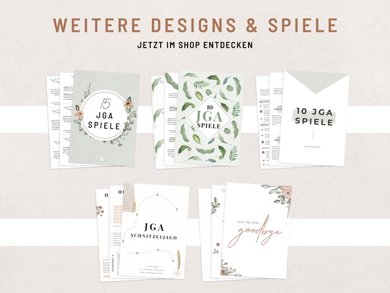 May include: A collection of printable JGA (German for "Junggesellenabschied", or bachelorette party) games. The designs feature watercolor illustrations of leaves and flowers in shades of green, pink, and white. The text on the pages includes "15 JGA Spiele", "10 JGA Spiele", and "JGA Schnitzeljagd".