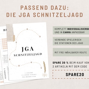 May include: A printable scavenger hunt game for a JGA (German for "Junggesellenabschied", or bachelor party) with a map and instructions. The text reads "JGA Schnitzeljagd" (German for "Bachelor Party Scavenger Hunt") and "Spare 20% beim Kauf von min. 2 Artikeln mit dem Code SPARE20" (German for "Save 20% when buying at least 2 items with the code SPARE20").