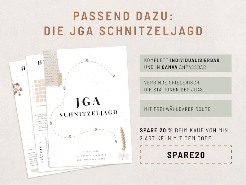 May include: A printable scavenger hunt game for a JGA (German for "Junggesellenabschied", or bachelor party) with a map and instructions. The text reads "JGA Schnitzeljagd" (German for "Bachelor Party Scavenger Hunt") and "Spare 20% beim Kauf von min. 2 Artikeln mit dem Code SPARE20" (German for "Save 20% when buying at least 2 items with the code SPARE20").