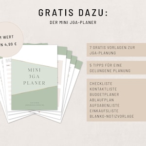 May include: A green and white planner with the text "MINI JGA PLANER" and the words "GRATIS DAZU: DER MINI JGA-PLANER" at the top. The planner includes 7 free templates for JGA planning, 5 tips for successful planning, and a checklist, contact list, budget planner, schedule, task list, shopping list, and blank note template.