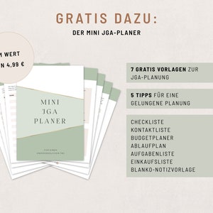 May include: A green and white printable planner with the text "MINI JGA PLANER" and the words "GRATIS DAZU: DER MINI JGA-PLANER" at the top. The planner includes 7 free templates for JGA planning and 5 tips for successful planning. The planner also includes a checklist, contact list, budget planner, schedule, to-do list, shopping list, and blank note template.