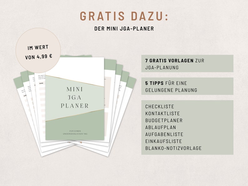 May include: A green and white printable planner with the text "MINI JGA PLANER" and the words "GRATIS DAZU: DER MINI JGA-PLANER" at the top. The planner includes 7 free templates for JGA planning and 5 tips for successful planning. The planner also includes a checklist, contact list, budget planner, schedule, to-do list, shopping list, and blank note template.
