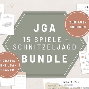 May include: A green hexagon with the text "JGA 15 Spiele + Schnitzeljagd Bundle" in white. A brown circle with the text "Zum Ausdrucken" in white. A brown circle with the text "+ Gratis Mini JGA-Planer" in white. A brown circle with the text "Station 5" in white. A brown circle with the text "Station 5" in white. A brown circle with the text "Warum gibt es Blutbuchen?" in white. A brown circle with the text "Bockwurst" in white.