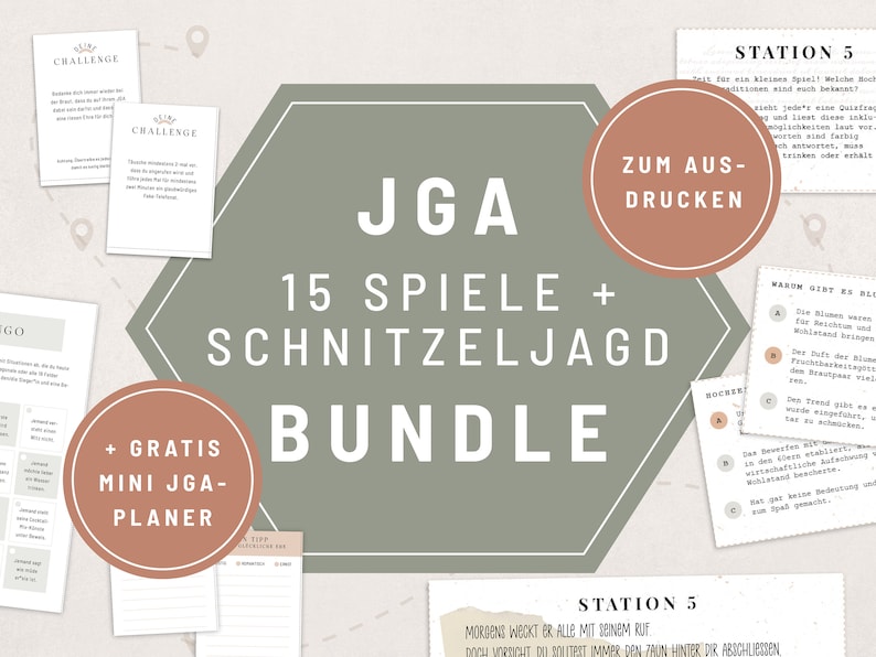 May include: A green hexagon with the text "JGA 15 Spiele + Schnitzeljagd Bundle" in white. A brown circle with the text "Zum Ausdrucken" in white. A brown circle with the text "+ Gratis Mini JGA-Planer" in white. A brown circle with the text "Station 5" in white. A brown circle with the text "Station 5" in white. A brown circle with the text "Warum gibt es Blutbuchen?" in white. A brown circle with the text "Bockwurst" in white.