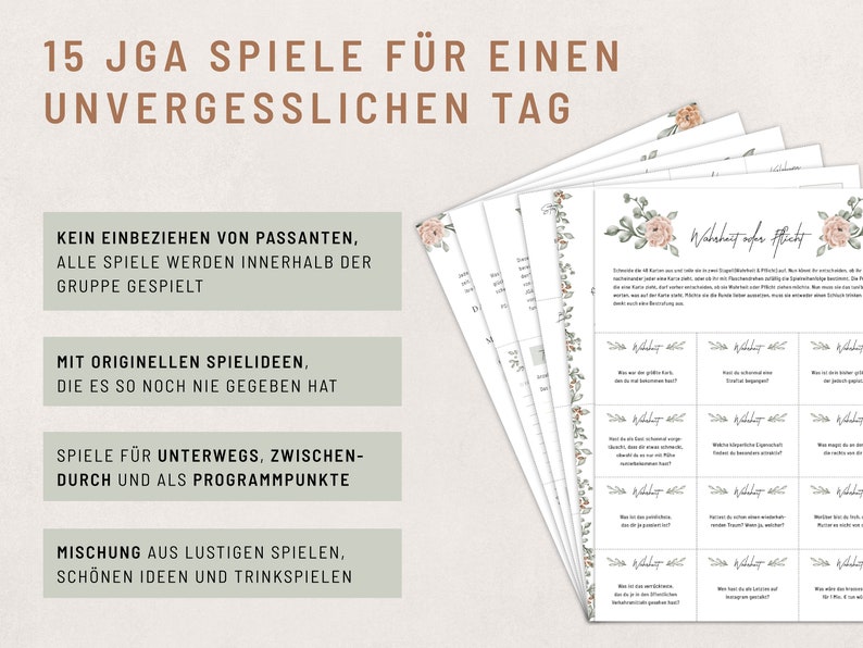 15 JGA Spiele Set Junggesellinnenabschied Spiele JGA Frauen Spiele zum Ausdrucken Blumendesign Digitale Vorlagen in DIN A4 Bild 2