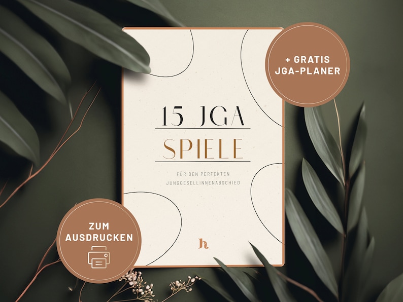 May include: A printable set of 15 games for a bachelorette party, with a brown background and text that says "15 JGA Spiele" and "F&uuml;r den perfekten Junggesellinnenabschied".