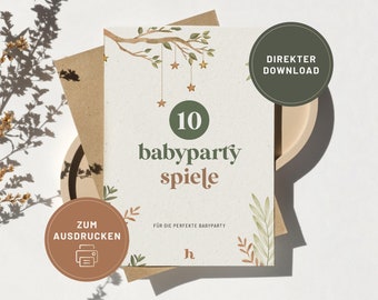 10 baby shower games · taboo, tip card, city country baby, bingo · templates for download · neutral colors boho · boy & girl