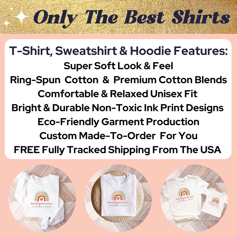 May include: Three white t-shirts with a rainbow design and the text "hendlyferienfire clothing & gifts" printed on them. The shirts are displayed on a pink background with the text "Only The Best Shirts" at the top.