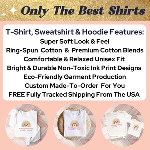 May include: Three white t-shirts with a rainbow design and the text "hendlyferienfire clothing & gifts" printed on them. The shirts are displayed on a pink background with the text "Only The Best Shirts" at the top and a list of features below.