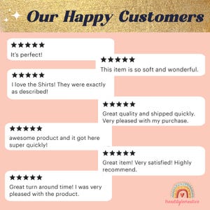 May include: A pink background with white text boxes containing customer reviews. The text reads "Our Happy Customers" and includes five-star ratings and positive reviews about the products. The reviews mention the quality, softness, shipping speed, and overall satisfaction with the products.