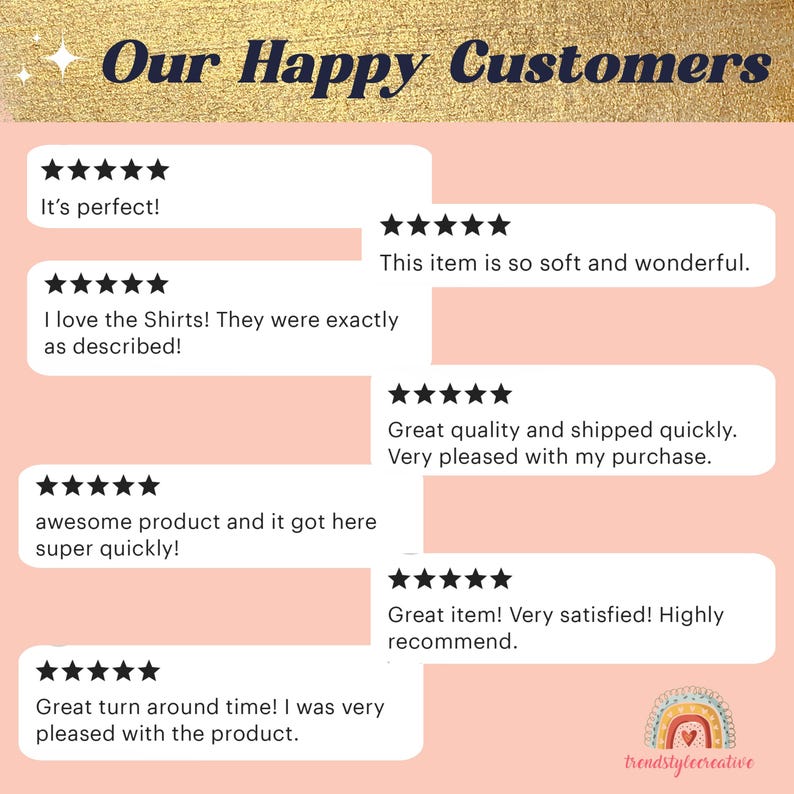 May include: A pink background with white text boxes containing customer reviews. The text reads "Our Happy Customers" and includes five-star ratings and positive reviews about the products. The reviews mention the quality, softness, shipping speed, and overall satisfaction with the products.