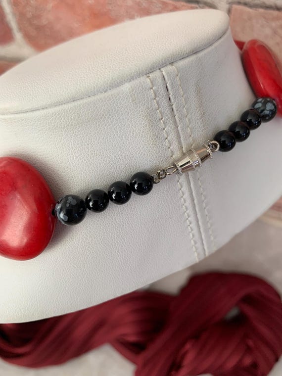 Red Coral Teardrop with Snowflake Obsidian and On… - image 3