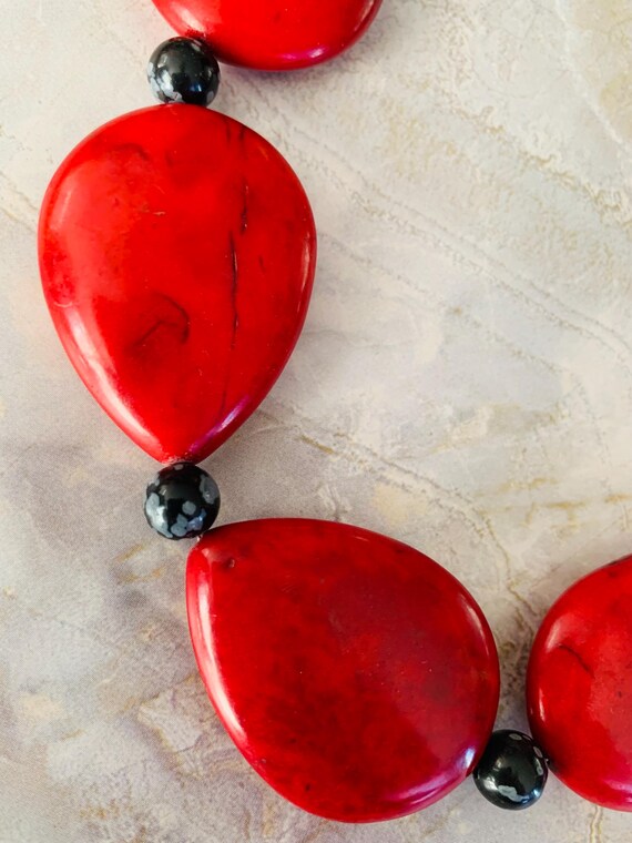 Red Coral Teardrop with Snowflake Obsidian and On… - image 4