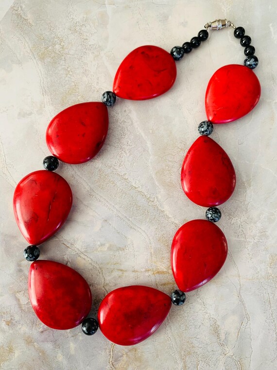 Red Coral Teardrop with Snowflake Obsidian and On… - image 1