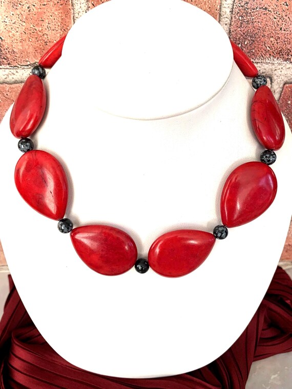 Red Coral Teardrop with Snowflake Obsidian and On… - image 2