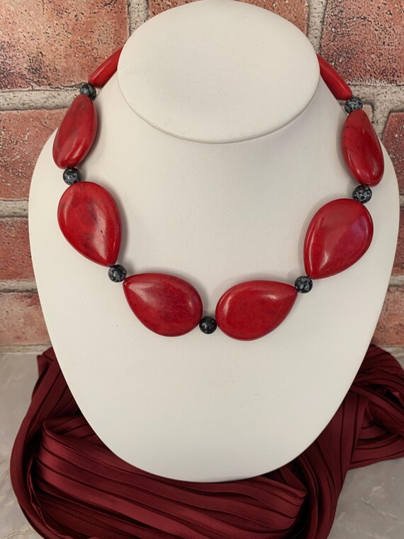Red Coral Teardrop with Snowflake Obsidian and On… - image 7
