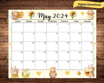 Editable May Calendar 2024 | Teddy Bear Theme | Kids Family Fun | Printable Calendar | Planner & Keepsake | Digital Download | Minimalist