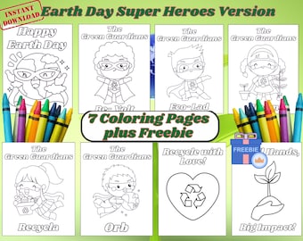 Earth Day, Super Heroes Earth Day Coloring Sheets, Coloring Pages, Digital Download, Homeschool, Kids Activity