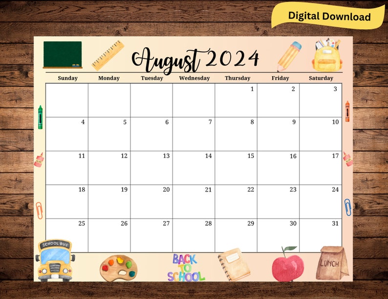 EDITABLE August 2024 Calendar, Printable Wall 2024 Calendar, Homeschool Planner, Kids Scheduler, Family Calendar, School Calendar image 2