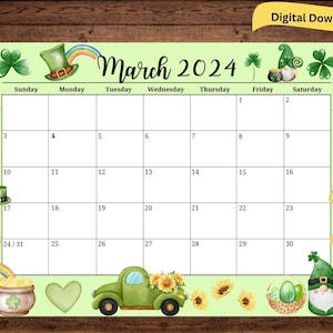 EDITABLE March 2024 Calendar, Printable Wall 2024 Calendar, Homeschool Planner, Kids Scheduler, Family Calendar, Gnome Calendar image 1