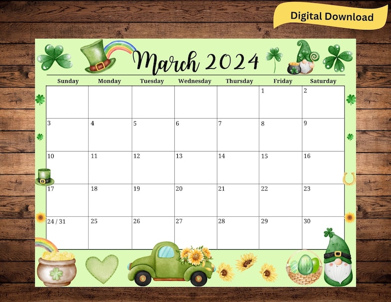 EDITABLE March 2024 Calendar, Printable Wall 2024 Calendar, Homeschool Planner, Kids Scheduler, Family Calendar, Gnome Calendar image 1