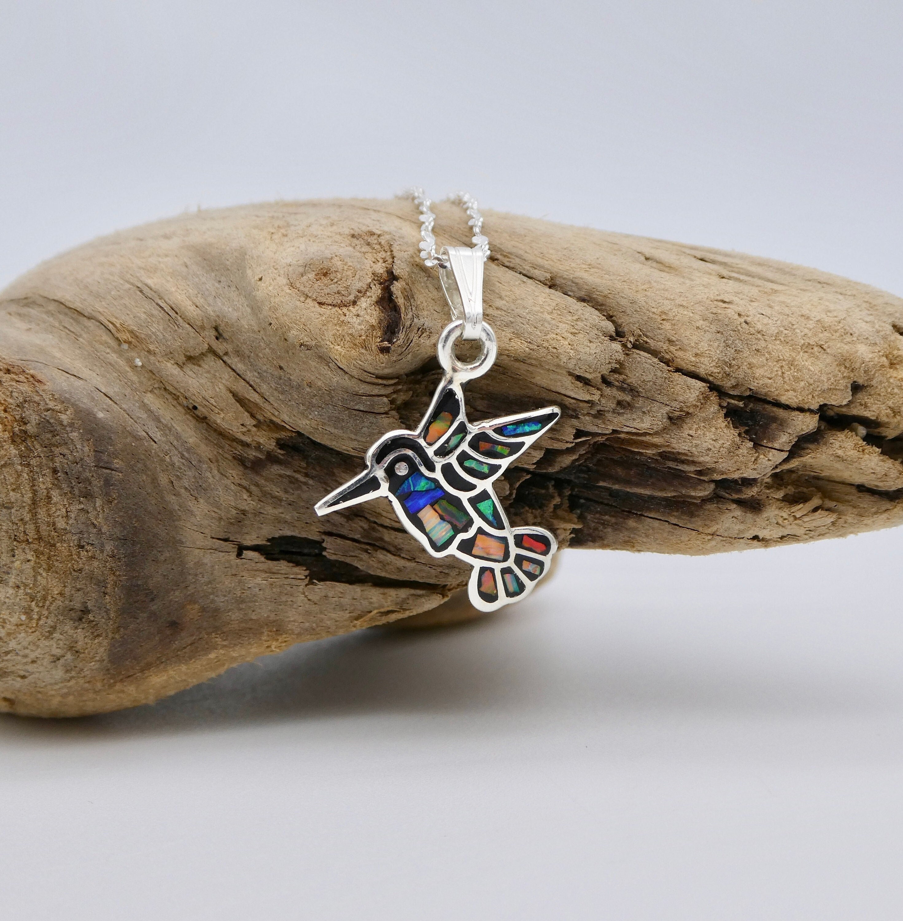 Sterling Silver Mosaic Opal Hummingbird Necklace, 925 Silver Sterling Silver Mosaic Opal Hummingbird Necklace, 925 Silver