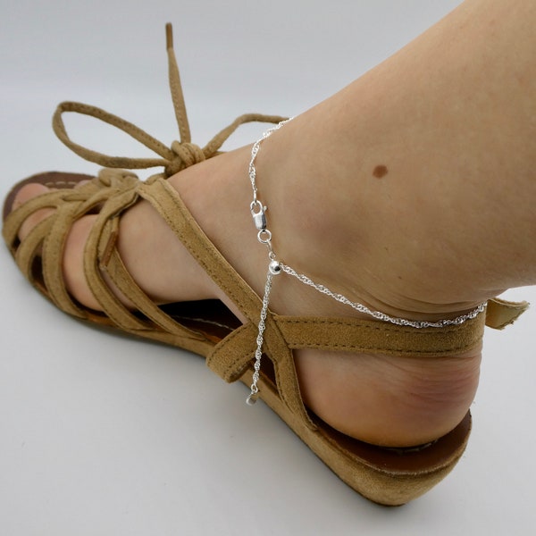 925 Silver Adjustable Singapore Link Anklet, Silver Rope Anklet Adjustable, Dainty Silver Rope Ankle Bracelet, Silver Heart Ankle Bracelet