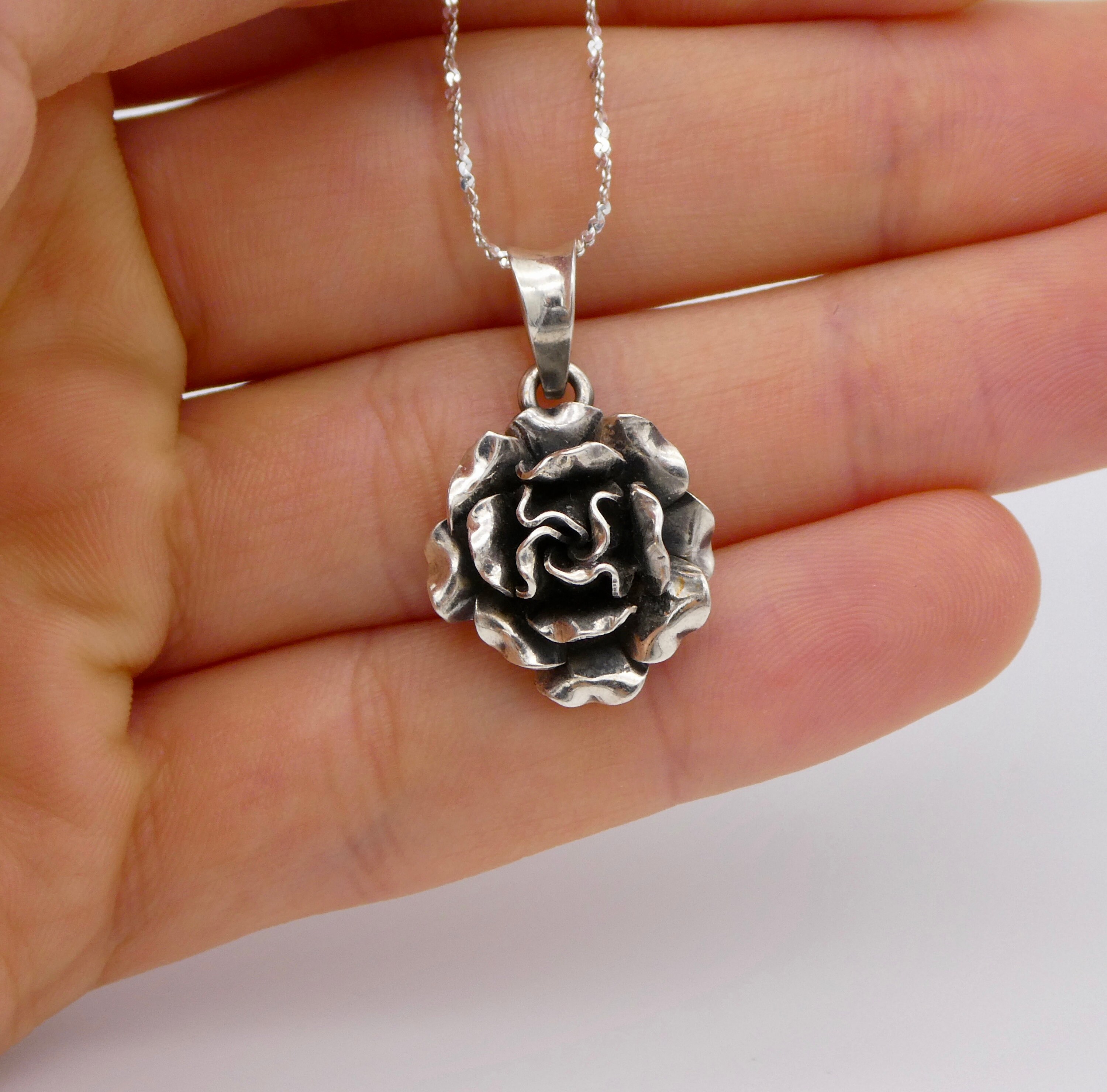 Sterling Silver Rose Necklace, 925 Silver Rose Flower Pendant 