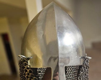 Full Contact Norman Combat Helmet – Battle Ready Steel Helmet with Leather Liner & Chainmail Aventail