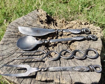 Viking Cutlery Set Forged Medieval Utensils with Leather Sheath 4 Piece Eating Set for Camping