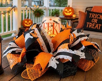 Pre-lit Halloween Centerpiece – 16” Orange Black Table Decor, Spooky Home Arrangement (Fairy Lights)