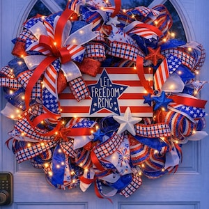 Pre-lit Patriotic Wreath, Red White Blue Independence Day Decor, Summer Door Hanger Lights